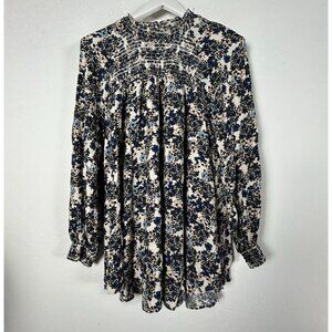 Free People Womens Floral Smocked Long-Sleeve Tunic Top Medium Boho Lightweight